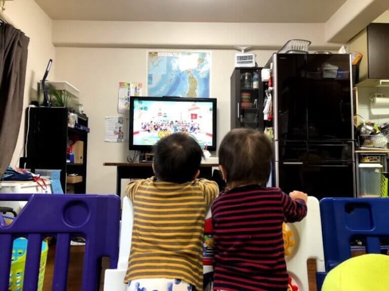 テレビガード用のベビーサークルでテレビを見る双子の赤ちゃん